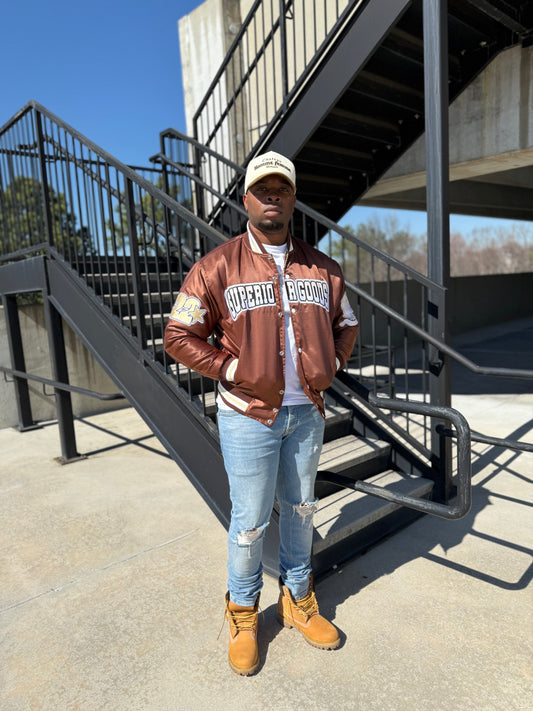 Brown & Sand Tan Satin Bomber