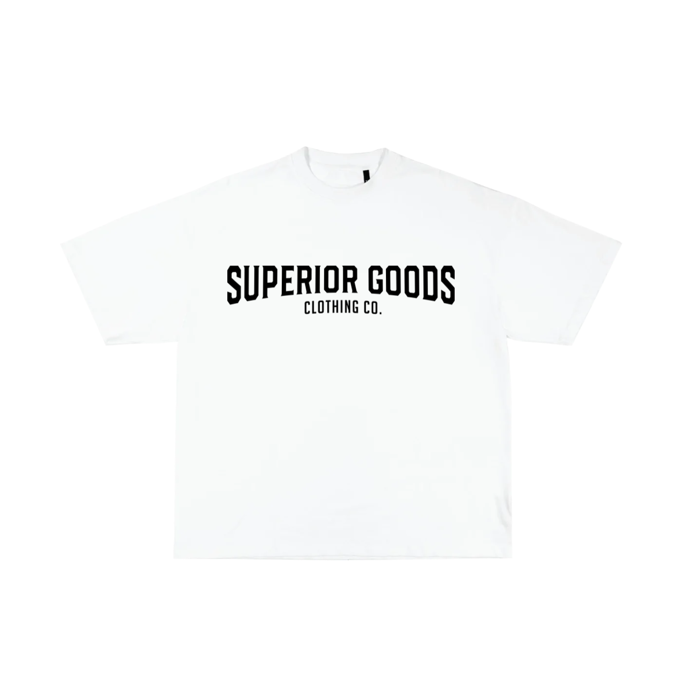 A white t-shirt with black text logo in bold font on the front.