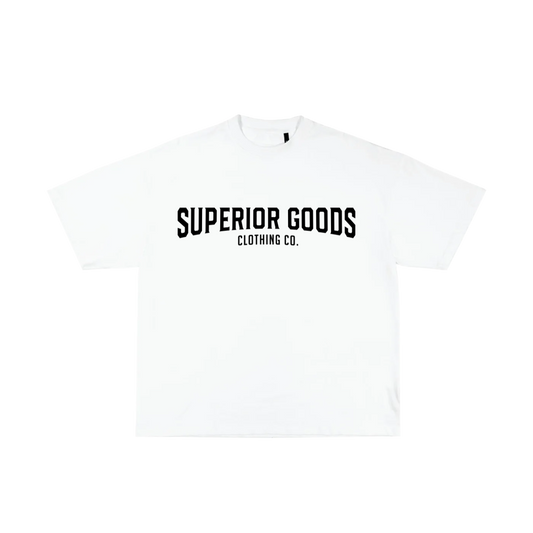 A white t-shirt with black text logo in bold font on the front.